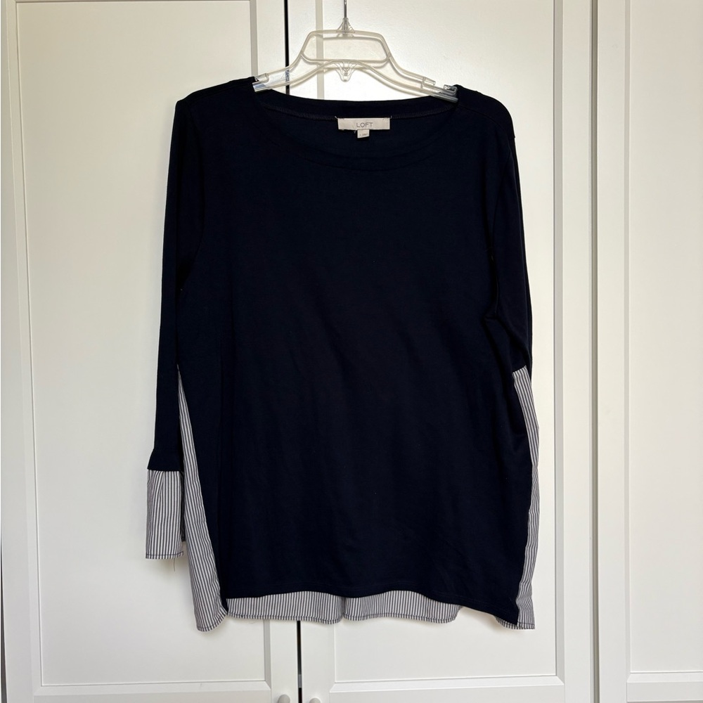 LOFT Navy and White Striped Blouse